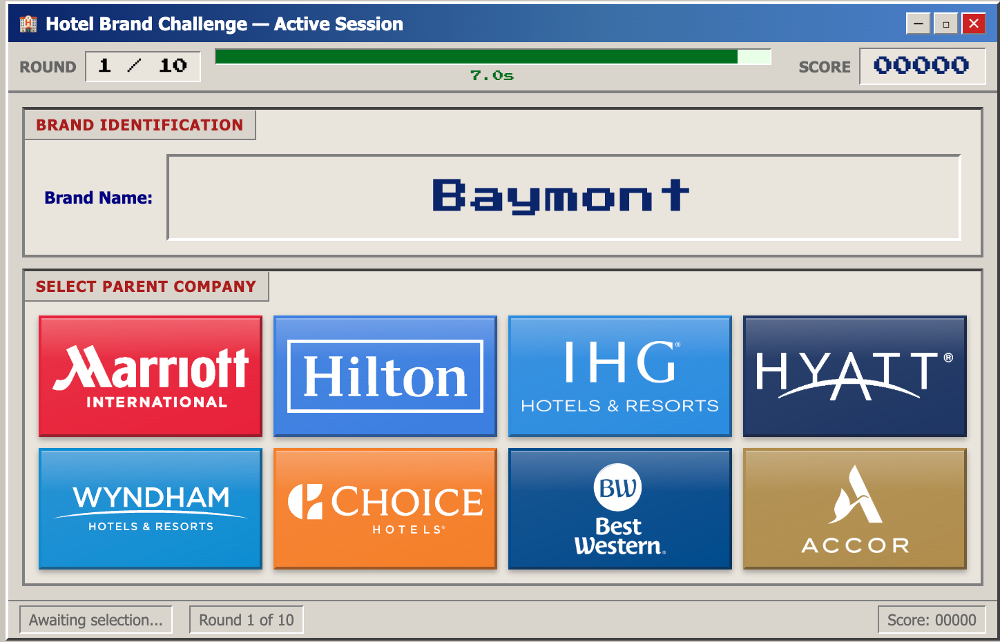 Name That Brand — Hotel Brand Challenge login screen